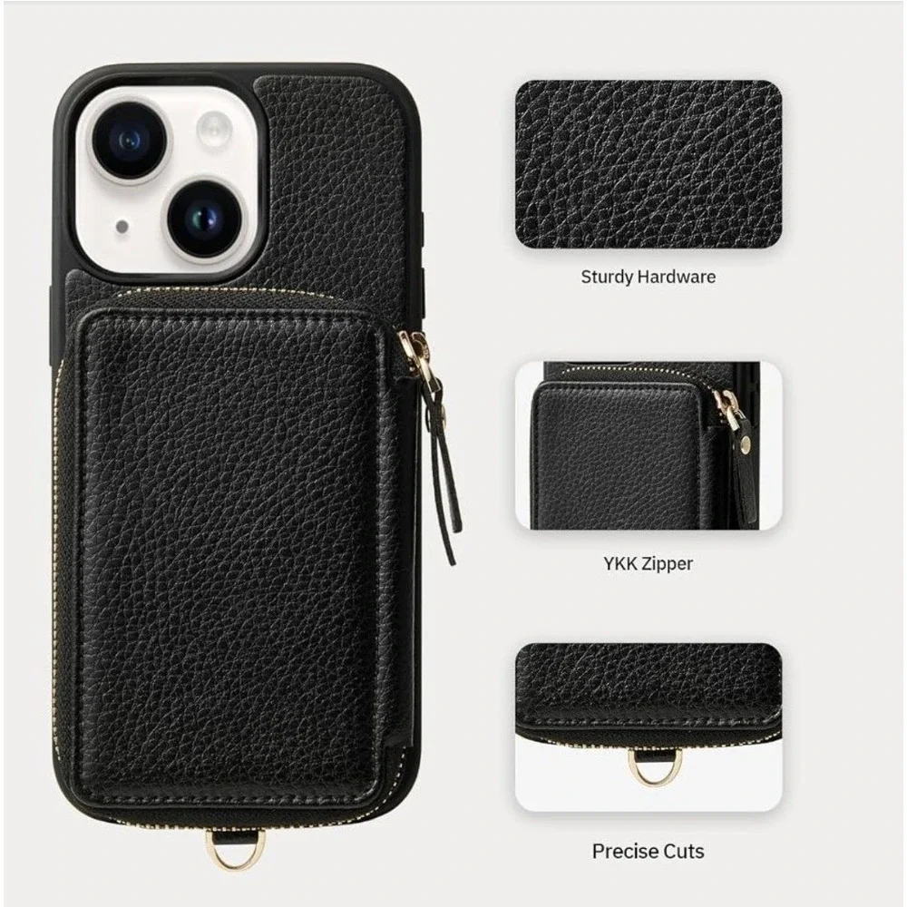Custype iPhone 13 Pro Wallet Case Black Zipper Pouch Card Holder NEW